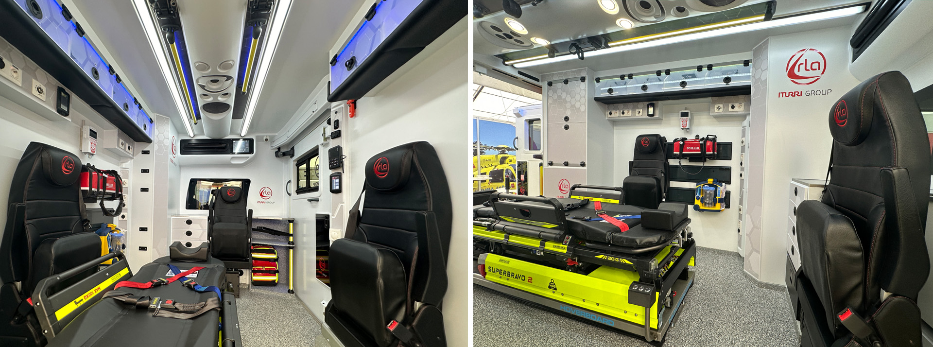 Patient compartment with 3 seats plus stretcher. Sliding mounts for electromedical equipment