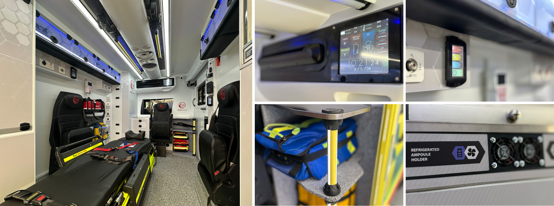 Backlit shelves and grab handles with color selection via CARLA 4.0 touchscreens