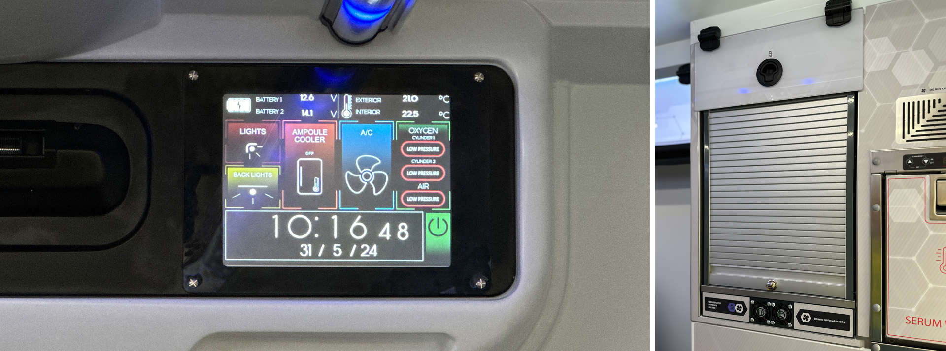 CARLA 4.0 10-inch main touchscreen for controlling ambulance functions. Refrigerated, removable ampoule holder controlled via CARLA